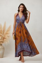 Boho Long printed Dress, Hippie Dress, Open back Dress, Bohemian Festival Ethnic Dress, Boho Dress, Beach Halter Ruffle Boho Gypsy Dress