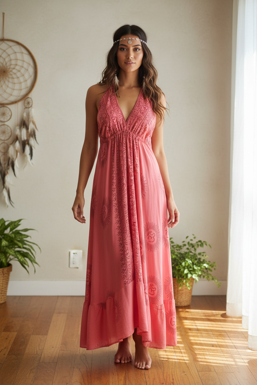 Boho Long Ruffle Dress, Hippie Dress, Open back Dress, Bohemian Festival Ethnic Dress, Boho Dress, Beach Halter Ruffle Boho Gypsy Dress
