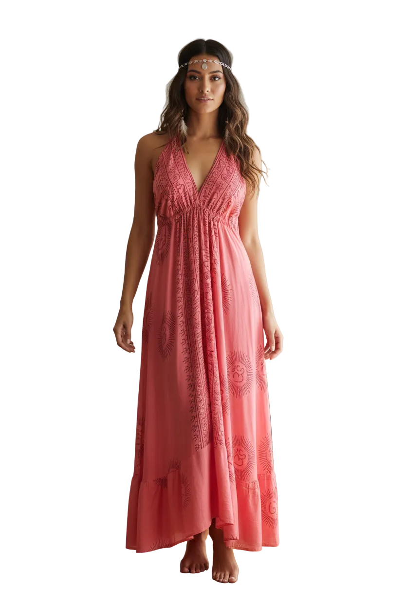 Boho Long Ruffle Dress, Hippie Dress, Open back Dress, Bohemian Festival Ethnic Dress, Boho Dress, Beach Halter Ruffle Boho Gypsy Dress
