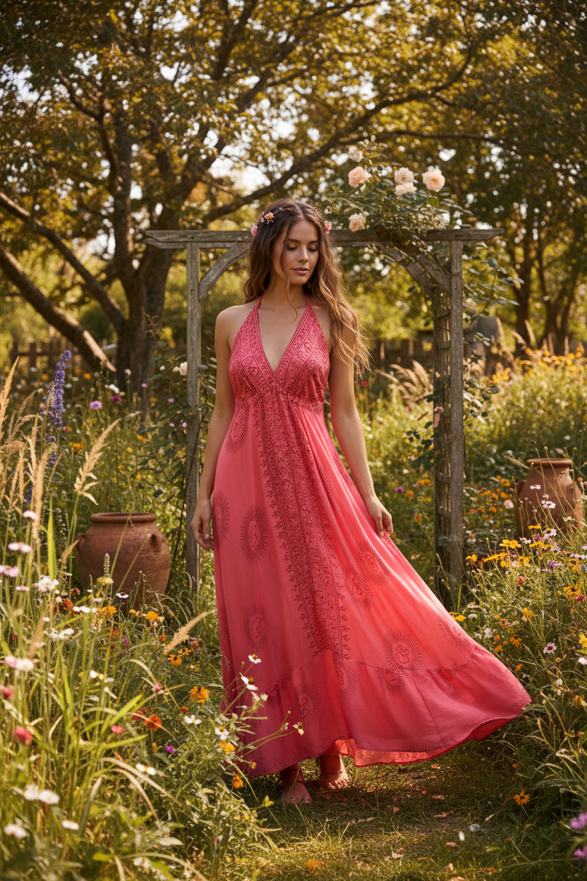 Boho Long Ruffle Dress, Hippie Dress, Open back Dress, Bohemian Festival Ethnic Dress, Boho Dress, Beach Halter Ruffle Boho Gypsy Dress