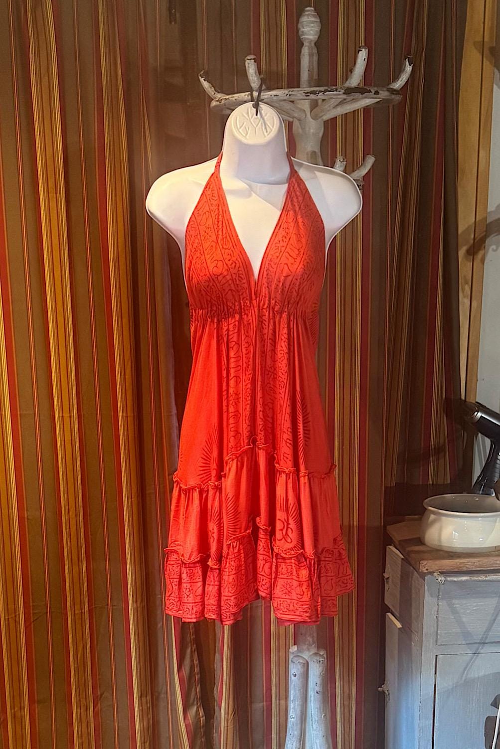 Boho Short Ruffle Dress, Hippie Dress, Open back Dress, Bohemian Festival Ethnic Dress, Boho Dress, Beach Halter Ruffle Boho Gypsy Dress