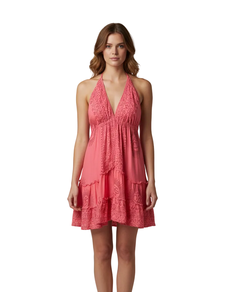 Boho Short Ruffle Dress, Hippie Dress, Open back Dress, Bohemian Festival Ethnic Dress, Boho Dress, Beach Halter Ruffle Boho Gypsy Dress