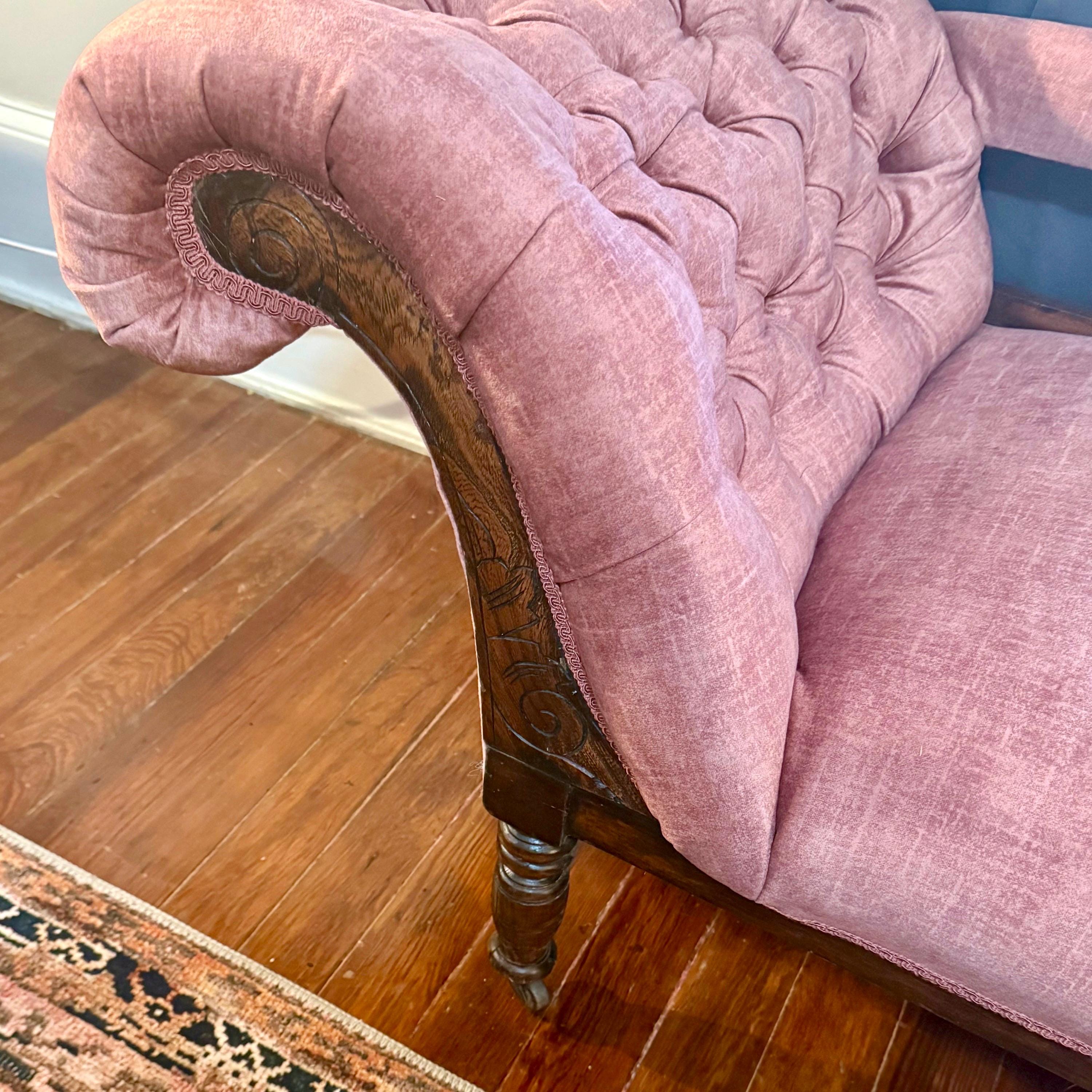 Antique Victorian Chaise Longue – New Velvet Upholstery, Tufted Back, Carved Wood Fainting Couch, Vintage Chaise Lounge Furniture