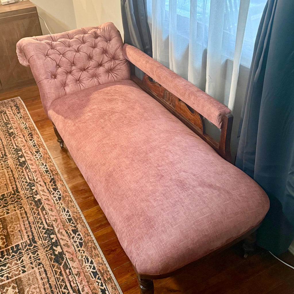 Antique Victorian Chaise Longue – New Velvet Upholstery, Tufted Back, Carved Wood Fainting Couch, Vintage Chaise Lounge Furniture