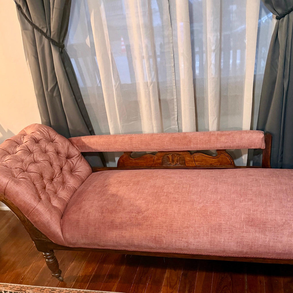 Antique Victorian Chaise Longue – New Velvet Upholstery, Tufted Back, Carved Wood Fainting Couch, Vintage Chaise Lounge Furniture