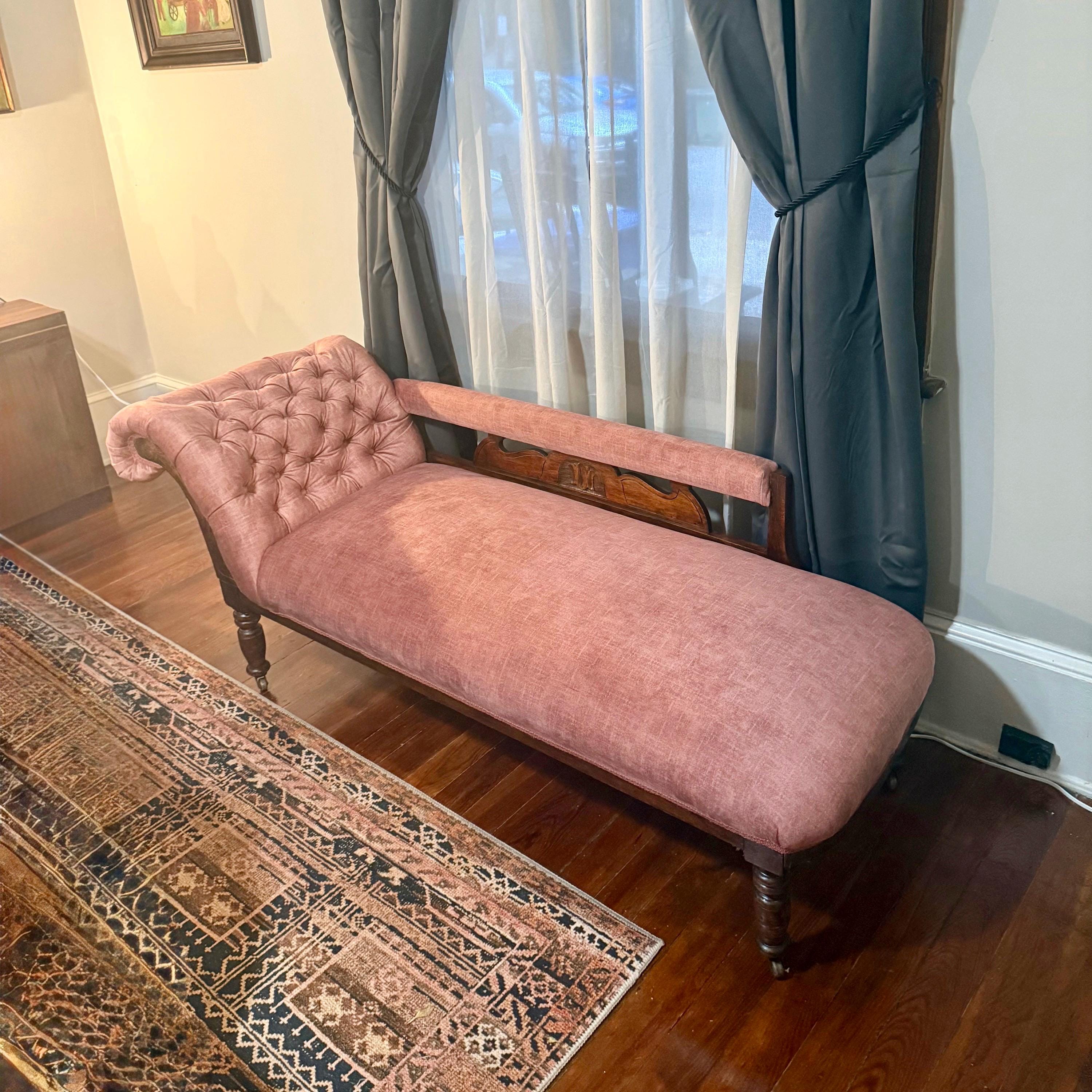 Antique Victorian Chaise Longue – New Velvet Upholstery, Tufted Back, Carved Wood Fainting Couch, Vintage Chaise Lounge Furniture