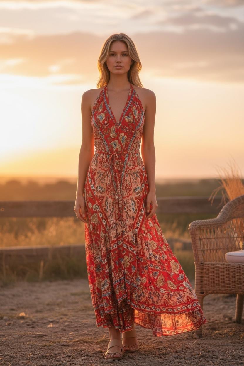 Red Rayon Boho Dress: Halter Ruffle Bohemian Maxi