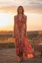 Red Rayon Boho Dress: Halter Ruffle Bohemian Maxi