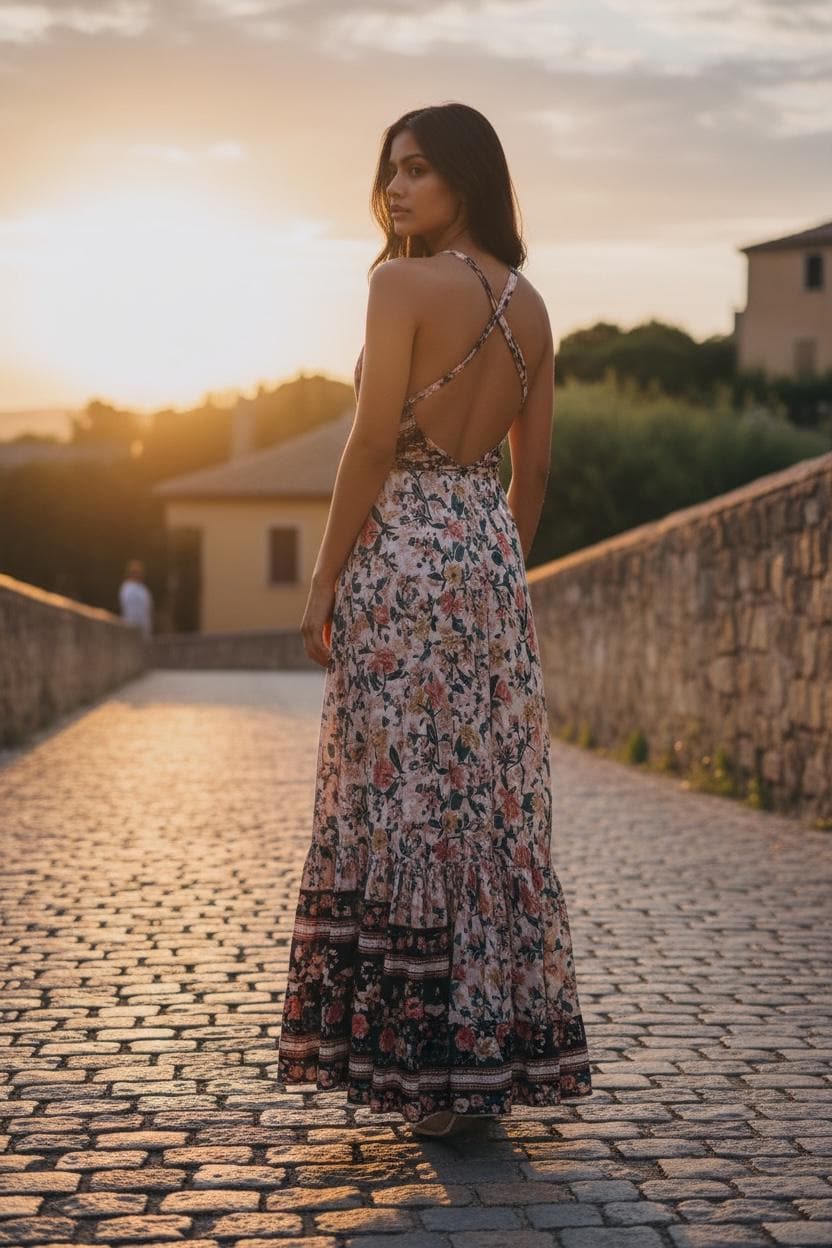 Boho Ruffle Long Dress, Hippie Dress, Open back Dress, Bohemian Festival Ethnic Dress, Boho Chic Dress, Beach Halter Ruffle Gypsy Dress