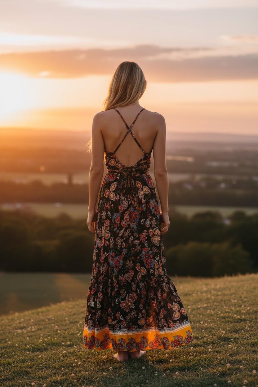 Boho Long Ruffle Dress, Hippie Dress, Open back Dress, Bohemian Festival Ethnic Dress, Boho Dress, Beach Halter Ruffle Boho Gypsy Dress