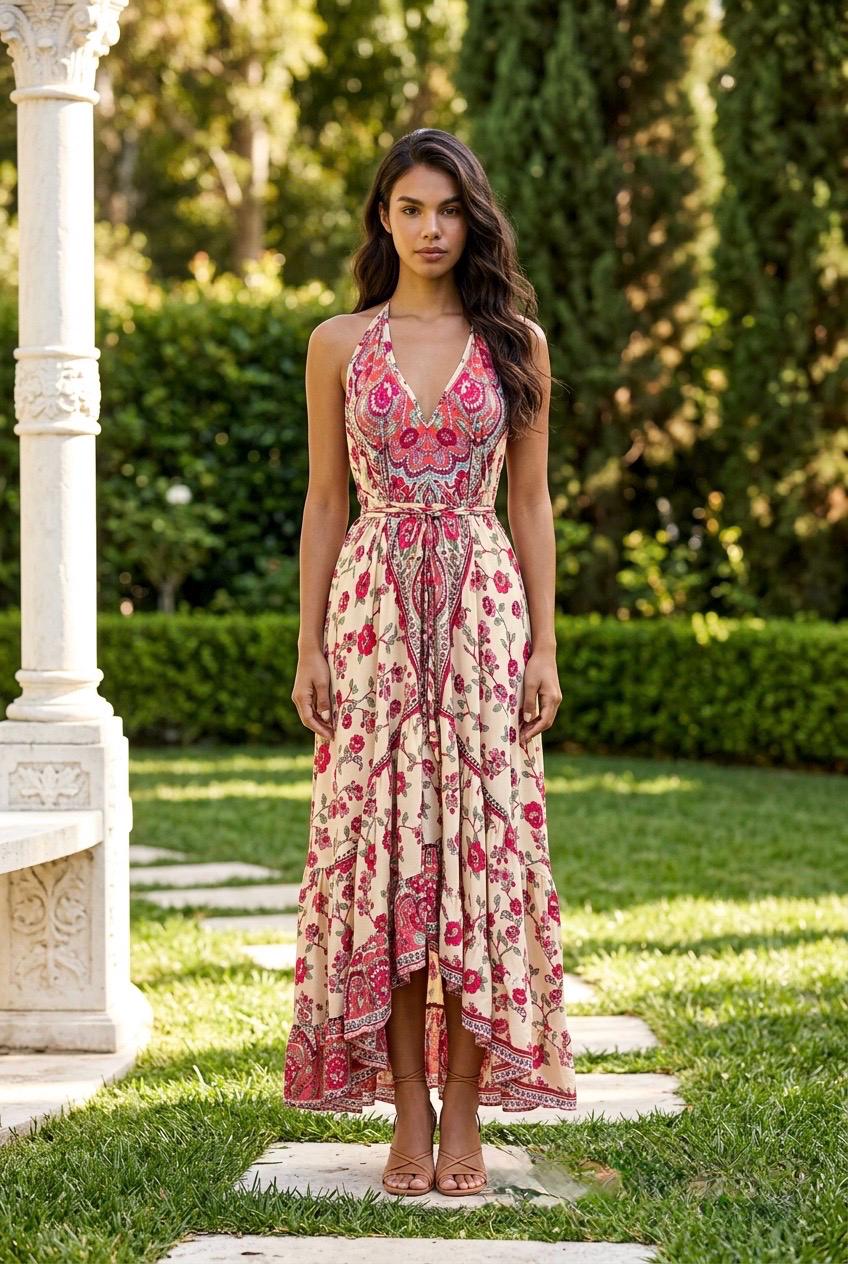 Boho Ruffle Long Dress, Hippie Dress, Open back Dress, Bohemian Festival Ethnic Dress, Boho Chic Dress, Beach Halter Ruffle Gypsy Dress