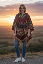 Festival hooded poncho, unisex one size woolen blend Festival Boho Woven, center pocket Hippie Bohemian Ethnic festival Gypsy Poncho