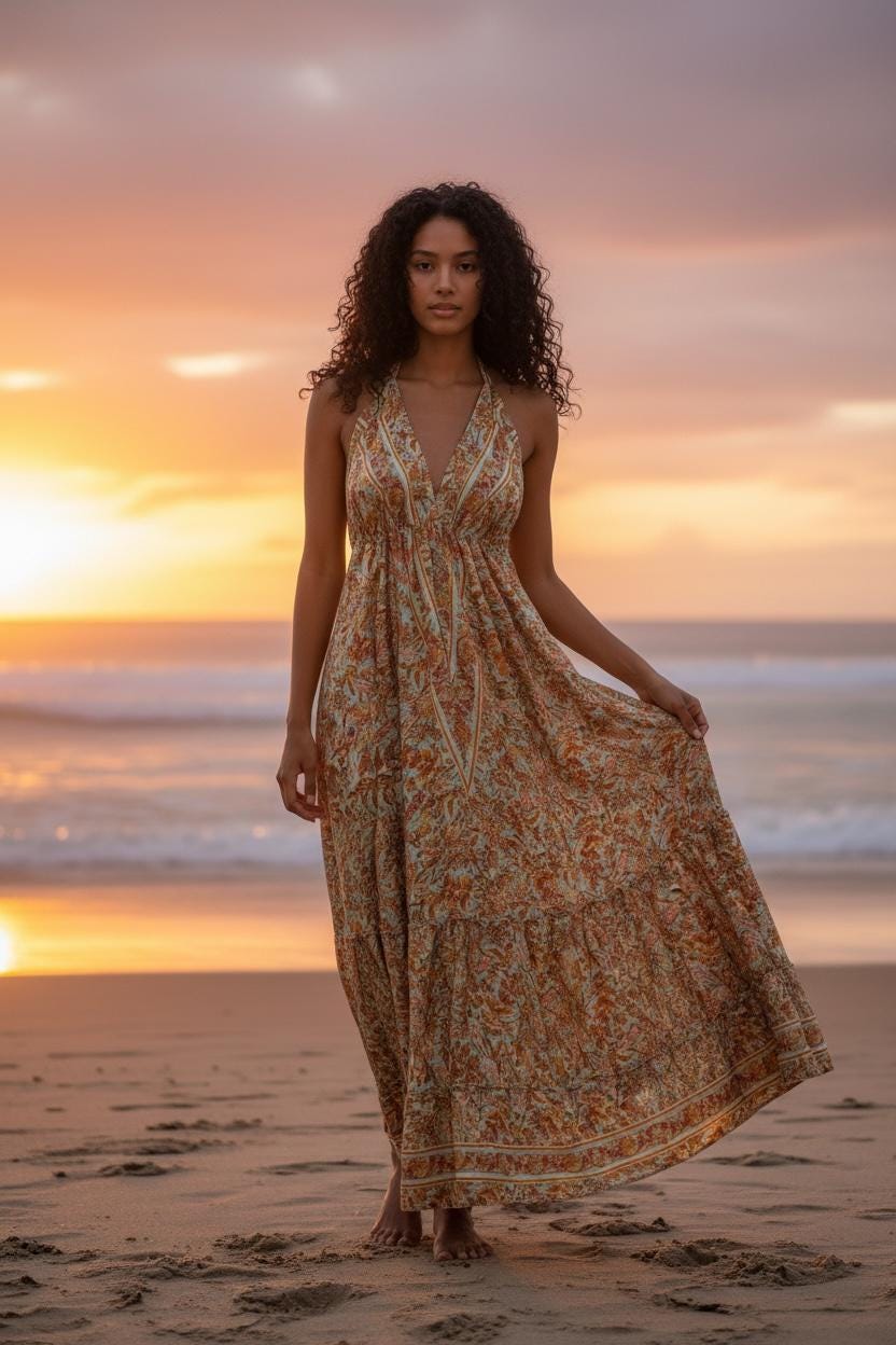 Boho Silk Dress Vintage Maxi Boho Ruffle Dress, Hippie Bohemian Dress, Gypsy Boho Dress Festival Dress, Recycled Ethnic Beach Sari Dress