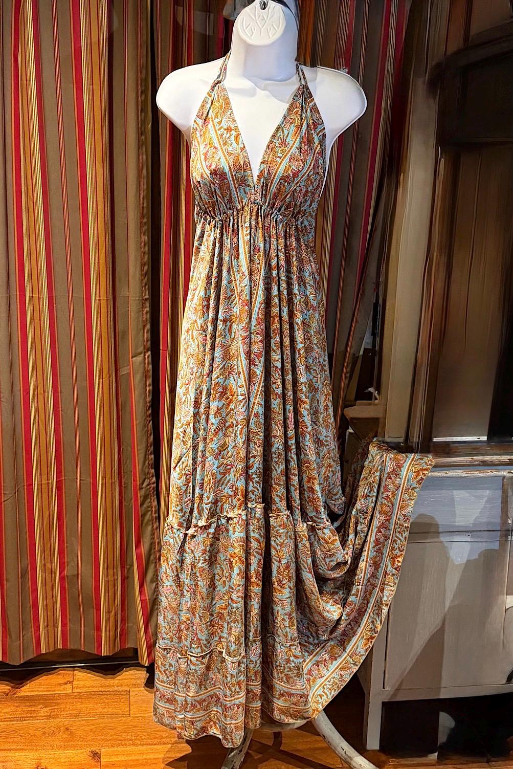 Boho Silk Dress Vintage Maxi Boho Ruffle Dress, Hippie Bohemian Dress, Gypsy Boho Dress Festival Dress, Recycled Ethnic Beach Sari Dress