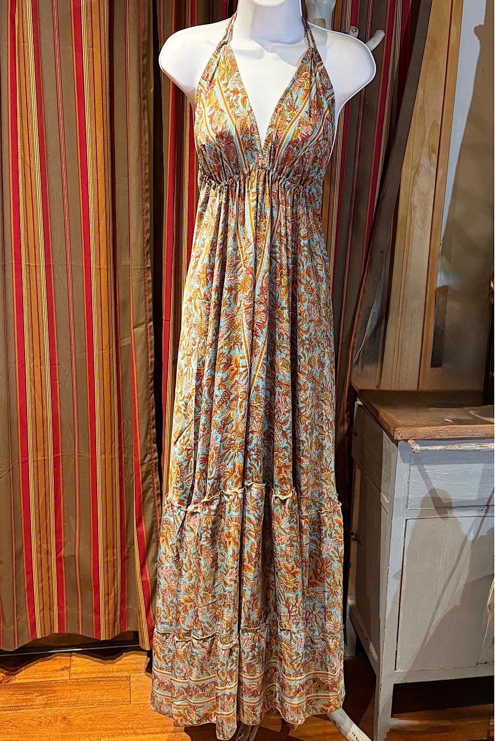 Boho Silk Dress Vintage Maxi Boho Ruffle Dress, Hippie Bohemian Dress, Gypsy Boho Dress Festival Dress, Recycled Ethnic Beach Sari Dress