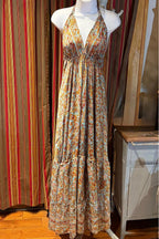 Boho Silk Dress Vintage Maxi Boho Ruffle Dress, Hippie Bohemian Dress, Gypsy Boho Dress Festival Dress, Recycled Ethnic Beach Sari Dress