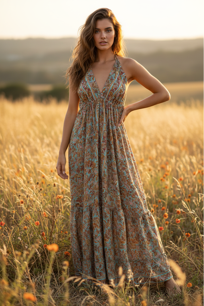 Boho Silk Dress Vintage Maxi Boho Ruffle Dress, Hippie Bohemian Dress, Gypsy Boho Dress Festival Dress, Recycled Ethnic Beach Sari Dress