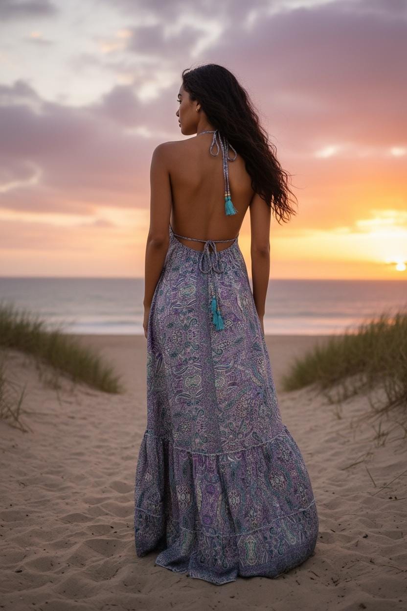 Boho Silk Dress Vintage Maxi Boho Ruffle Dress, Hippie Bohemian Dress, Gypsy Boho Dress Festival Dress, Recycled Ethnic Beach Sari Dress