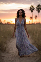Boho Silk Dress Vintage Maxi Boho Ruffle Dress, Hippie Bohemian Dress, Gypsy Boho Dress Festival Dress, Recycled Ethnic Beach Sari Dress