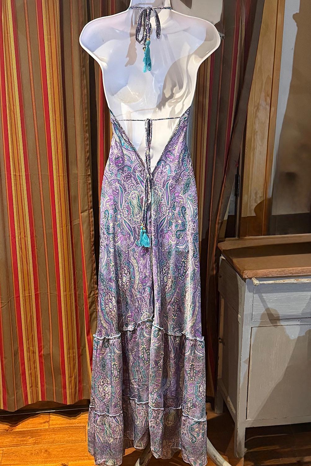 Boho Silk Dress Vintage Maxi Boho Ruffle Dress, Hippie Bohemian Dress, Gypsy Boho Dress Festival Dress, Recycled Ethnic Beach Sari Dress