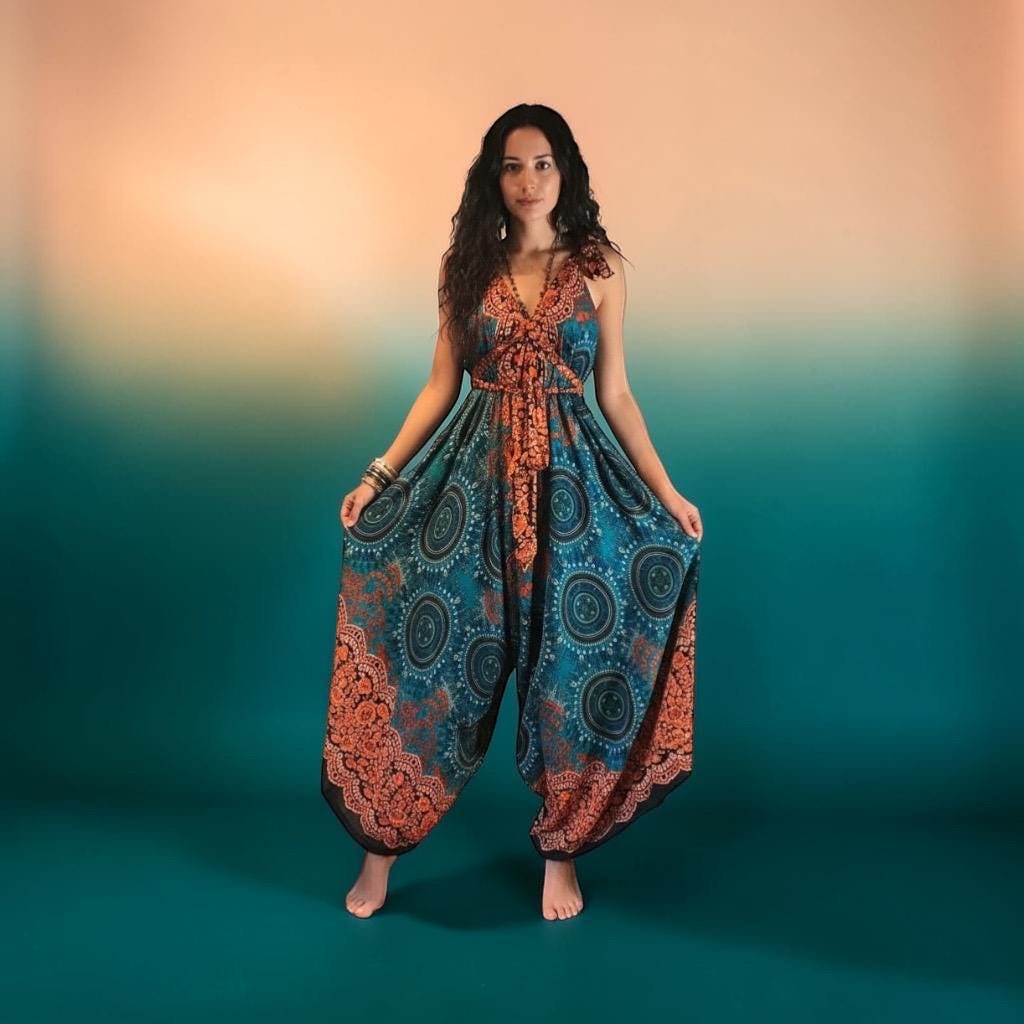 Boho Jumpsuit, Bohemian Clothing, Boho jumpsuit Harem Pants, Loose Yoga Festival Pants, Wide Leg Women Festival Pants, Hippie Summer Romper