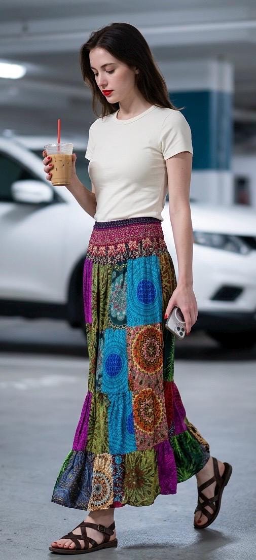 Ethnic, Hippie, Festival, Patchwork, Bohemian skirt, lifestyle view from Ariel La Boutique