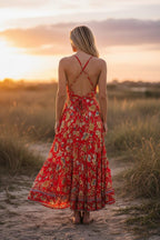 Red Rayon Boho Dress: Halter Ruffle Bohemian Maxi