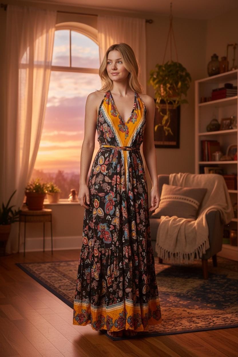 Boho Long Ruffle Dress, Hippie Dress, Open back Dress, Bohemian Festival Ethnic Dress, Boho Dress, Beach Halter Ruffle Boho Gypsy Dress