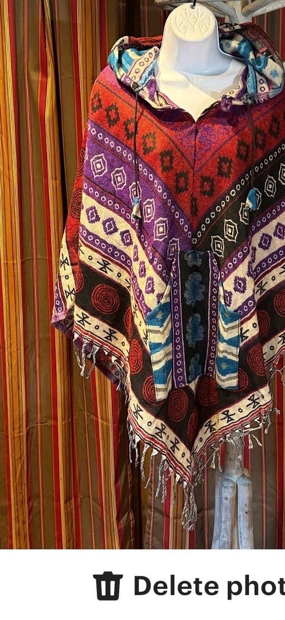 Festival hooded poncho, unisex one size woolen blend Festival Boho Woven, center pocket Hippie Bohemian Ethnic festival Gypsy Poncho