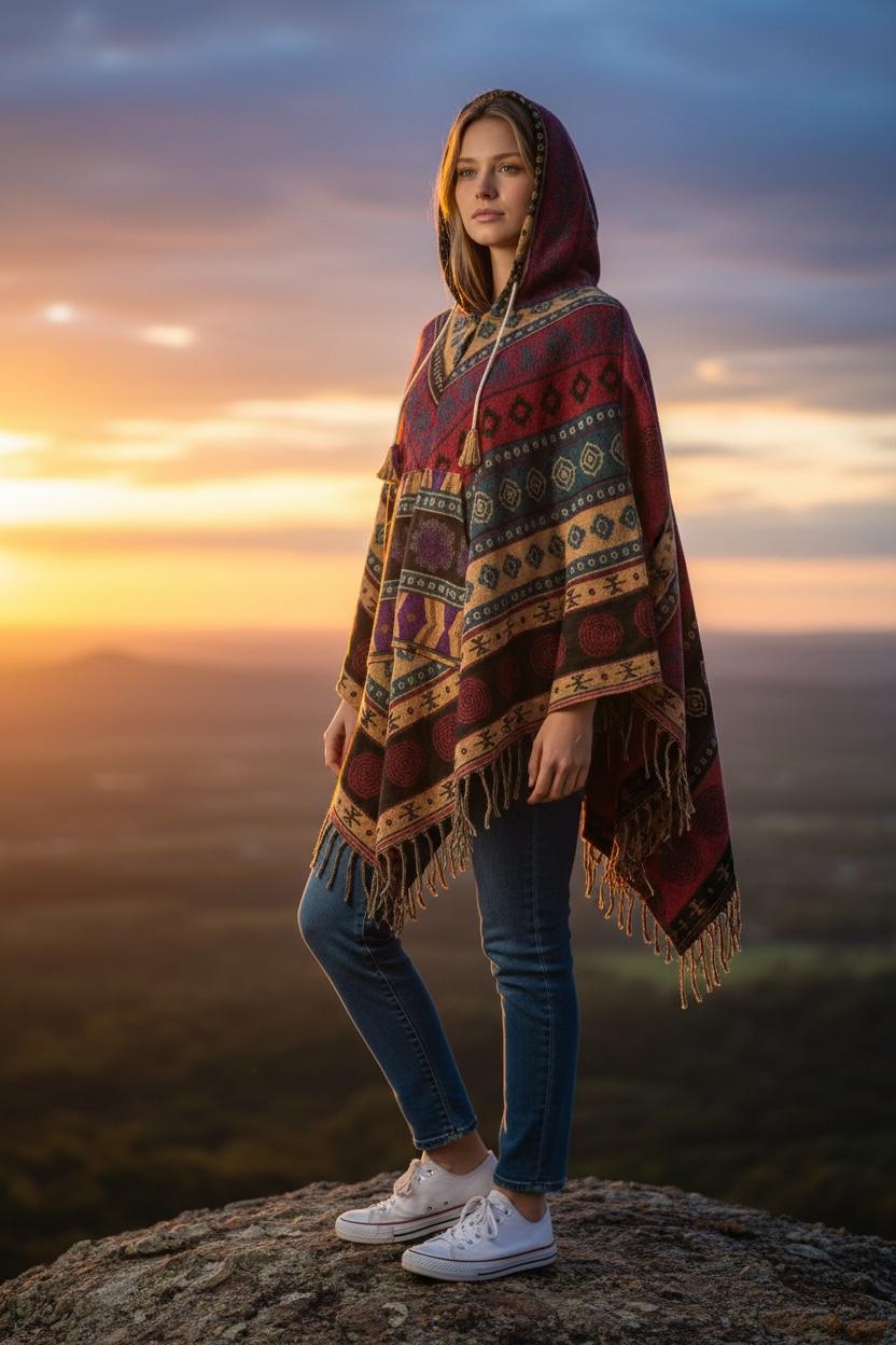 Festival hooded poncho, unisex one size woolen blend Festival Boho Woven, center pocket Hippie Bohemian Ethnic festival Gypsy Poncho