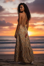 Boho Silk Dress Vintage Maxi Boho Ruffle Dress, Hippie Bohemian Dress, Gypsy Boho Dress Festival Dress, Recycled Ethnic Beach Sari Dress