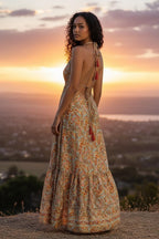 Boho Silk Dress Vintage Maxi Boho Ruffle Dress, Hippie Bohemian Dress, Gypsy Boho Dress Festival Dress, Recycled Ethnic Beach Sari Dress