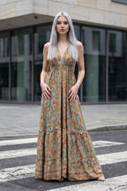 Boho Silk Dress Vintage Maxi Boho Ruffle Dress, Hippie Bohemian Dress, Gypsy Boho Dress Festival Dress, Recycled Ethnic Beach Sari Dress