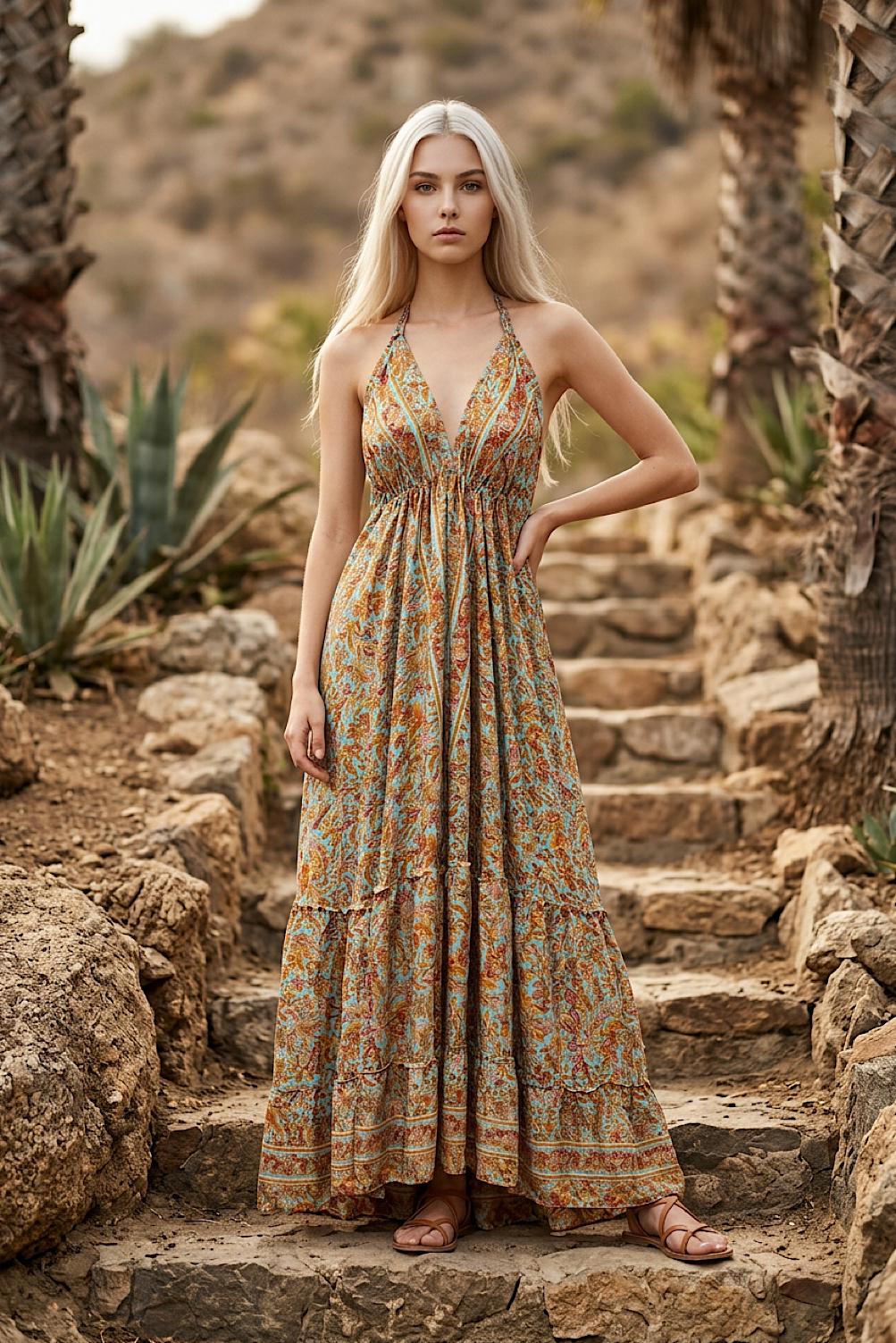 Boho Silk Dress Vintage Maxi Boho Ruffle Dress, Hippie Bohemian Dress, Gypsy Boho Dress Festival Dress, Recycled Ethnic Beach Sari Dress