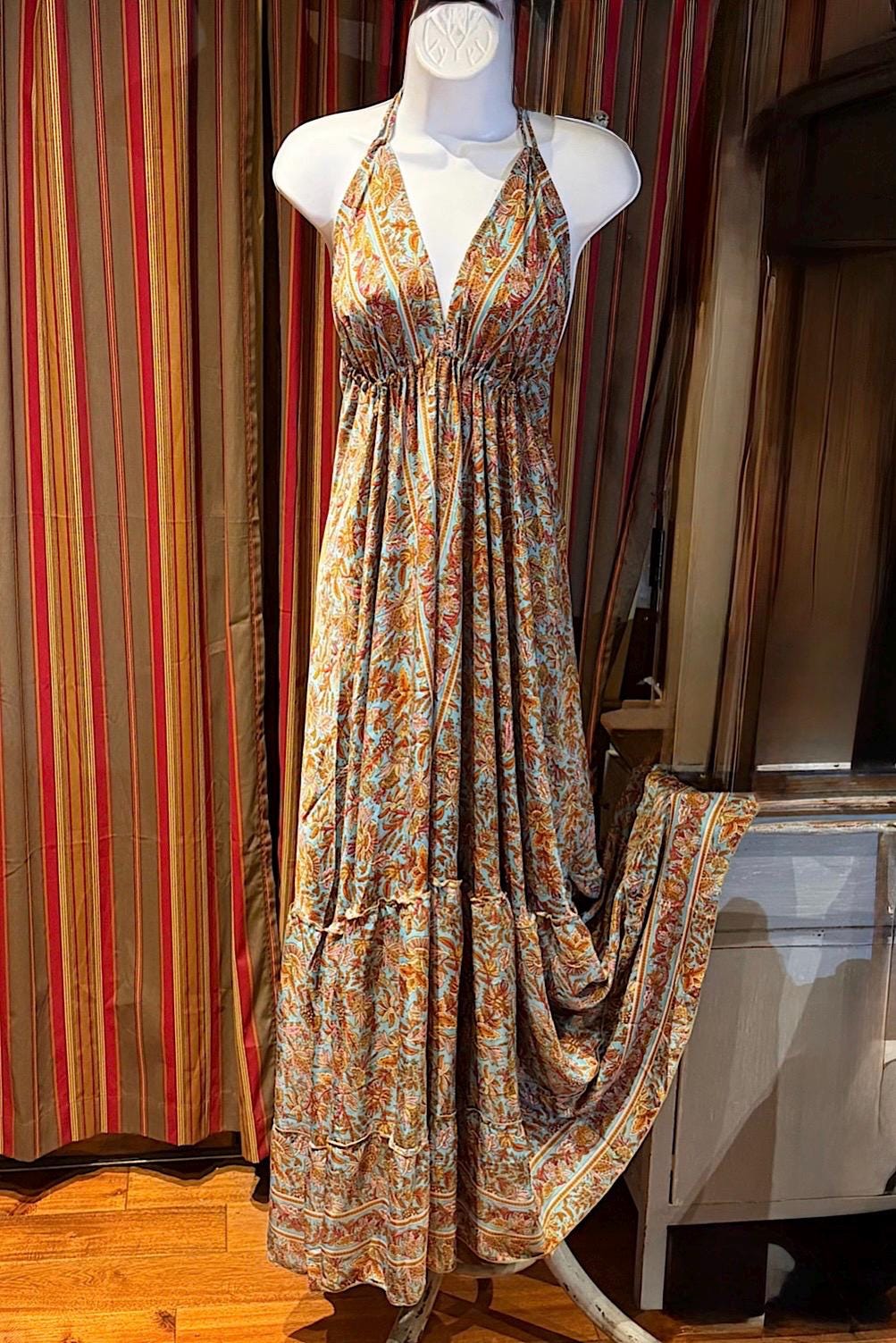 Boho Silk Dress Vintage Maxi Boho Ruffle Dress, Hippie Bohemian Dress, Gypsy Boho Dress Festival Dress, Recycled Ethnic Beach Sari Dress