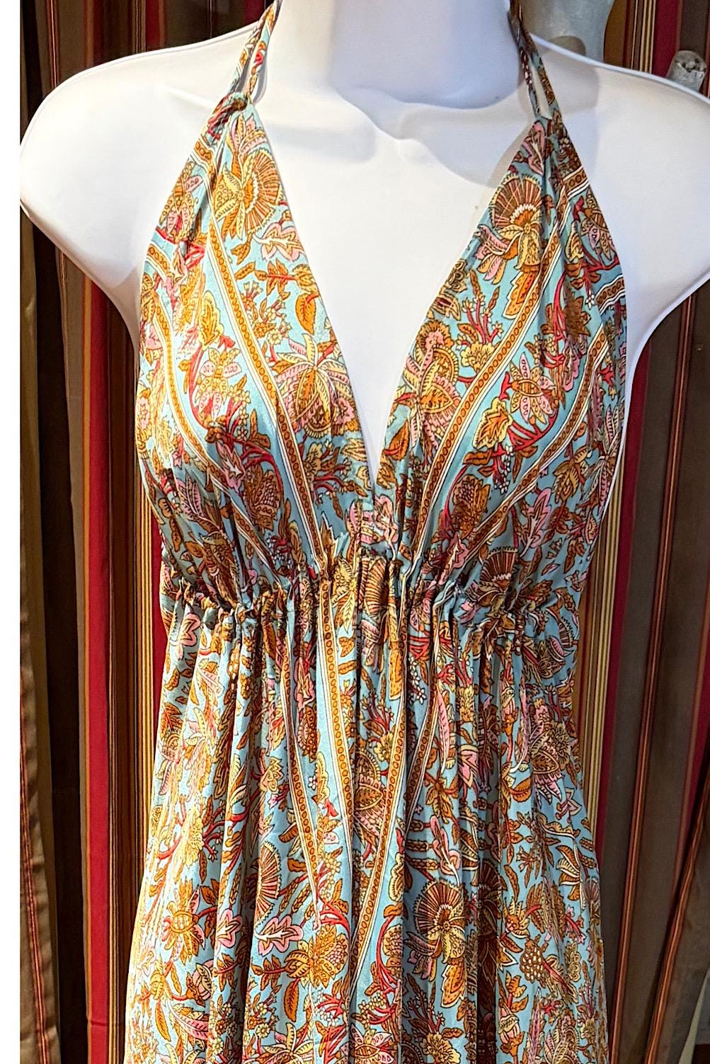 Boho Silk Dress Vintage Maxi Boho Ruffle Dress, Hippie Bohemian Dress, Gypsy Boho Dress Festival Dress, Recycled Ethnic Beach Sari Dress