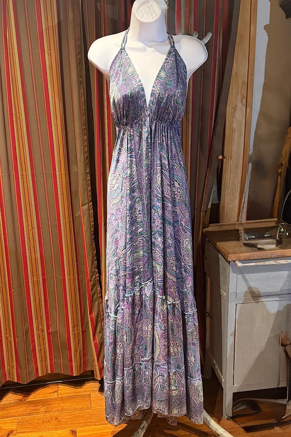 Boho Silk Dress Vintage Maxi Boho Ruffle Dress, Hippie Bohemian Dress, Gypsy Boho Dress Festival Dress, Recycled Ethnic Beach Sari Dress