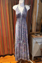 Boho Silk Dress Vintage Maxi Boho Ruffle Dress, Hippie Bohemian Dress, Gypsy Boho Dress Festival Dress, Recycled Ethnic Beach Sari Dress