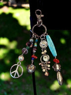 Boho Beaded Bag Charm, Keychain, Eclectic Mixed Media Charm Cluster with Peace Sign, Turquoise & Silver Accents - Whimsical Purse Accssories