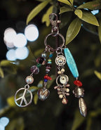 Boho Beaded Bag Charm, Keychain, Eclectic Mixed Media Charm Cluster with Peace Sign, Turquoise & Silver Accents - Whimsical Purse Accssories