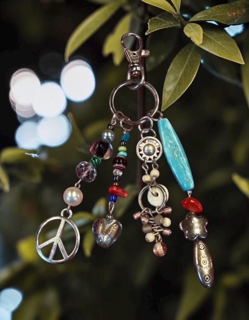 Boho Beaded Bag Charm, Keychain, Eclectic Mixed Media Charm Cluster with Peace Sign, Turquoise & Silver Accents - Whimsical Purse Accssories