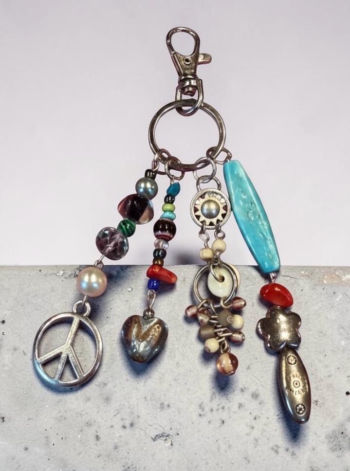 Boho Beaded Bag Charm, Keychain, Eclectic Mixed Media Charm Cluster with Peace Sign, Turquoise & Silver Accents - Whimsical Purse Accssories