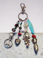 Boho Beaded Bag Charm, Keychain, Eclectic Mixed Media Charm Cluster with Peace Sign, Turquoise & Silver Accents - Whimsical Purse Accssories