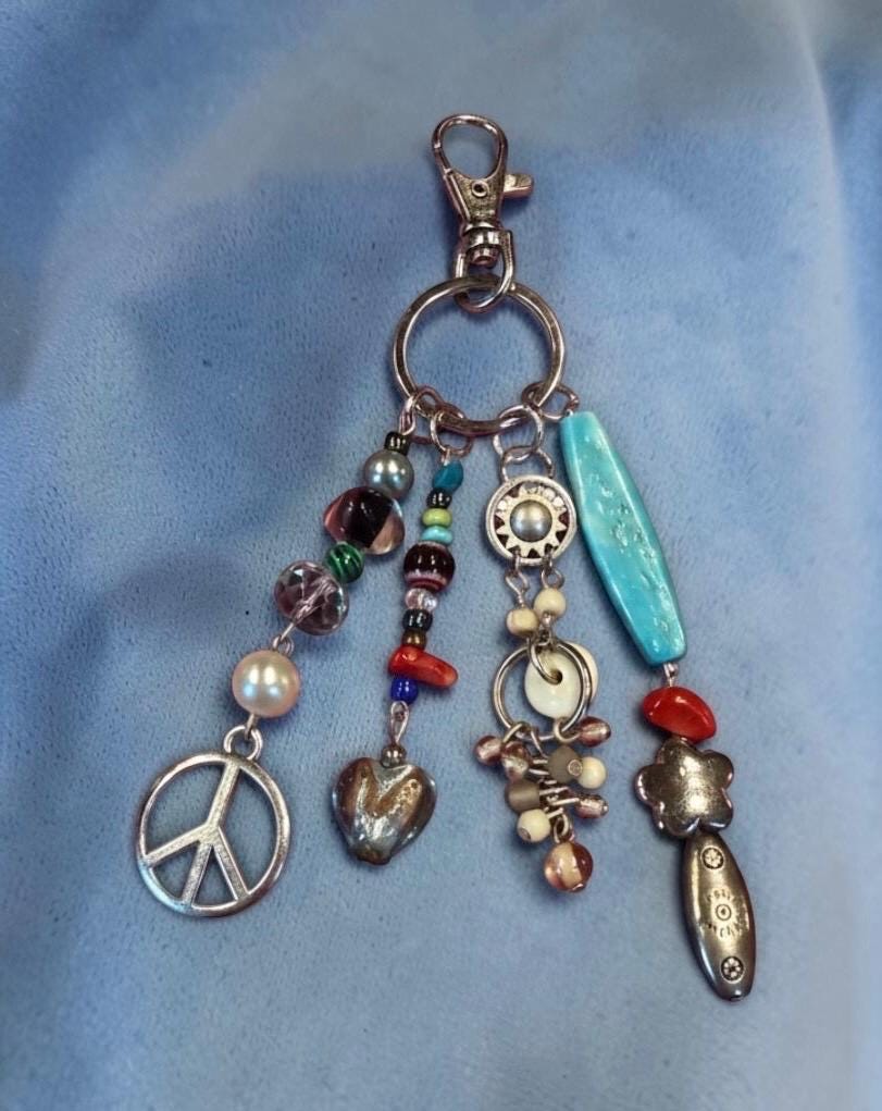 Boho Beaded Bag Charm, Keychain, Eclectic Mixed Media Charm Cluster with Peace Sign, Turquoise & Silver Accents - Whimsical Purse Accssories