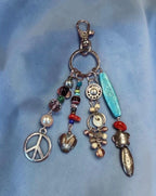 Boho Beaded Bag Charm, Keychain, Eclectic Mixed Media Charm Cluster with Peace Sign, Turquoise & Silver Accents - Whimsical Purse Accssories