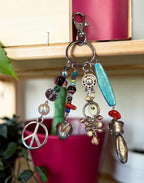 Boho Beaded Bag Charm, Keychain, Eclectic Mixed Media Charm Cluster with Peace Sign, Turquoise & Silver Accents - Whimsical Purse Accssories