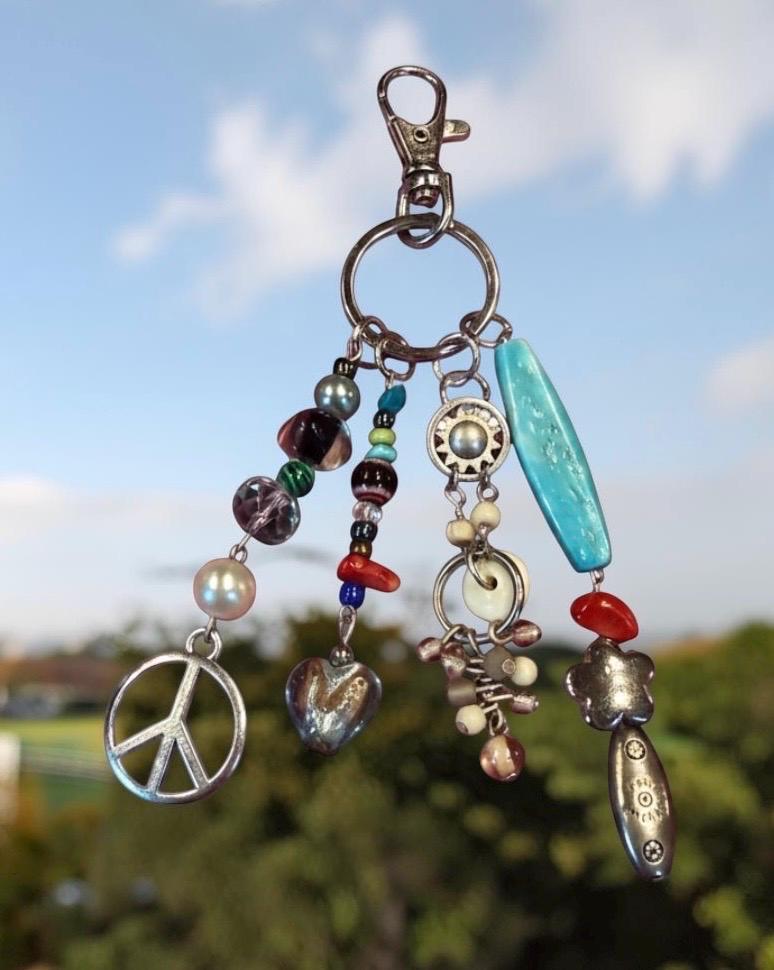 Boho Beaded Bag Charm, Keychain, Eclectic Mixed Media Charm Cluster with Peace Sign, Turquoise & Silver Accents - Whimsical Purse Accssories