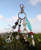 Boho Beaded Bag Charm, Keychain, Eclectic Mixed Media Charm Cluster with Peace Sign, Turquoise & Silver Accents - Whimsical Purse Accssories