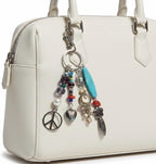 Boho Beaded Bag Charm, Keychain, Eclectic Mixed Media Charm Cluster with Peace Sign, Turquoise & Silver Accents - Whimsical Purse Accssories