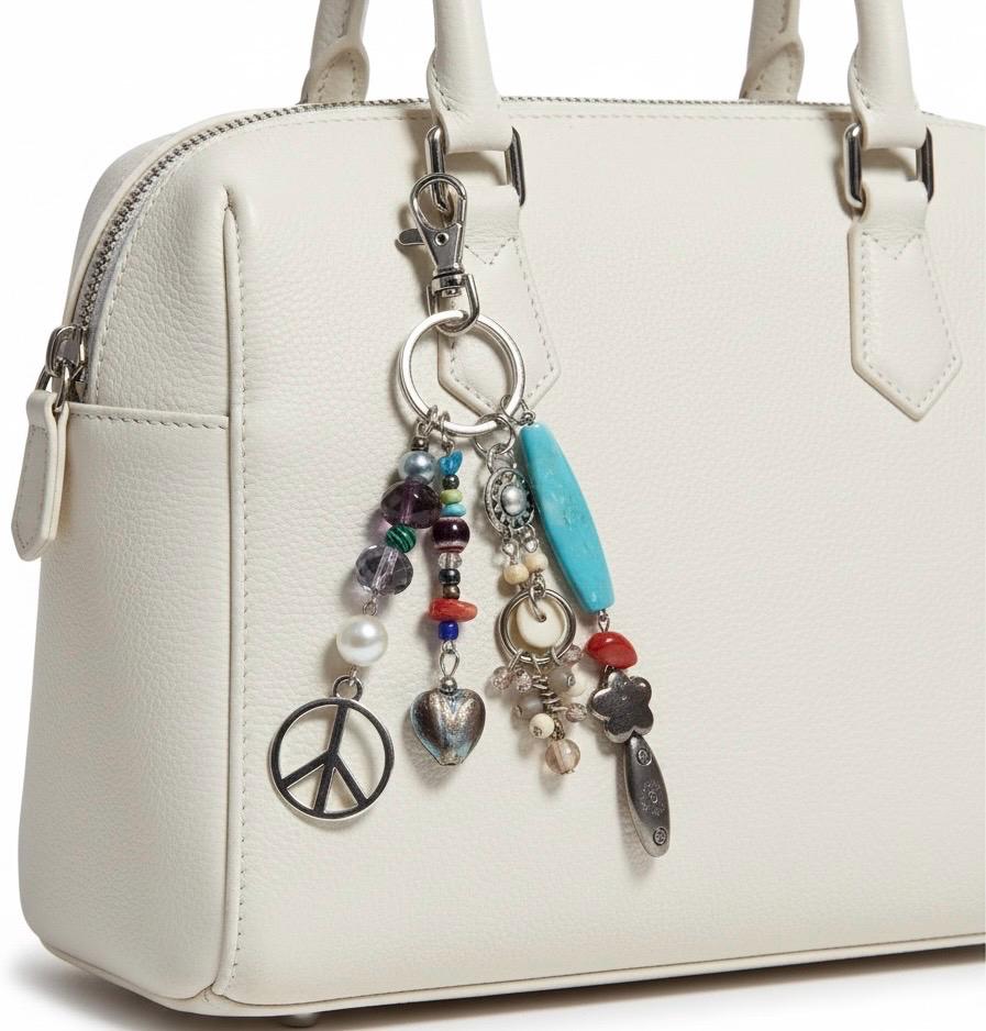 Boho Beaded Bag Charm, Keychain, Eclectic Mixed Media Charm Cluster with Peace Sign, Turquoise & Silver Accents - Whimsical Purse Accssories